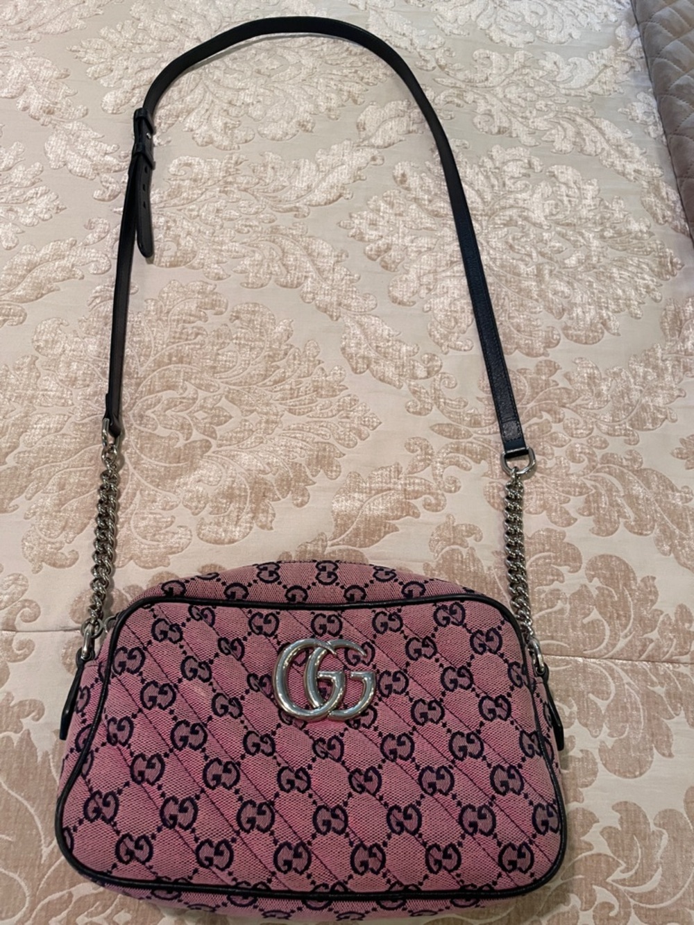 Gucci Pink GG Canvas Crossbody with Black Trim